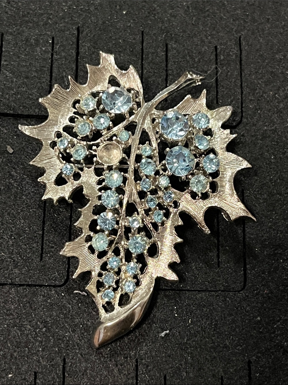 Vintage Silver Leaf Brooch with Light Blue Rhinestones